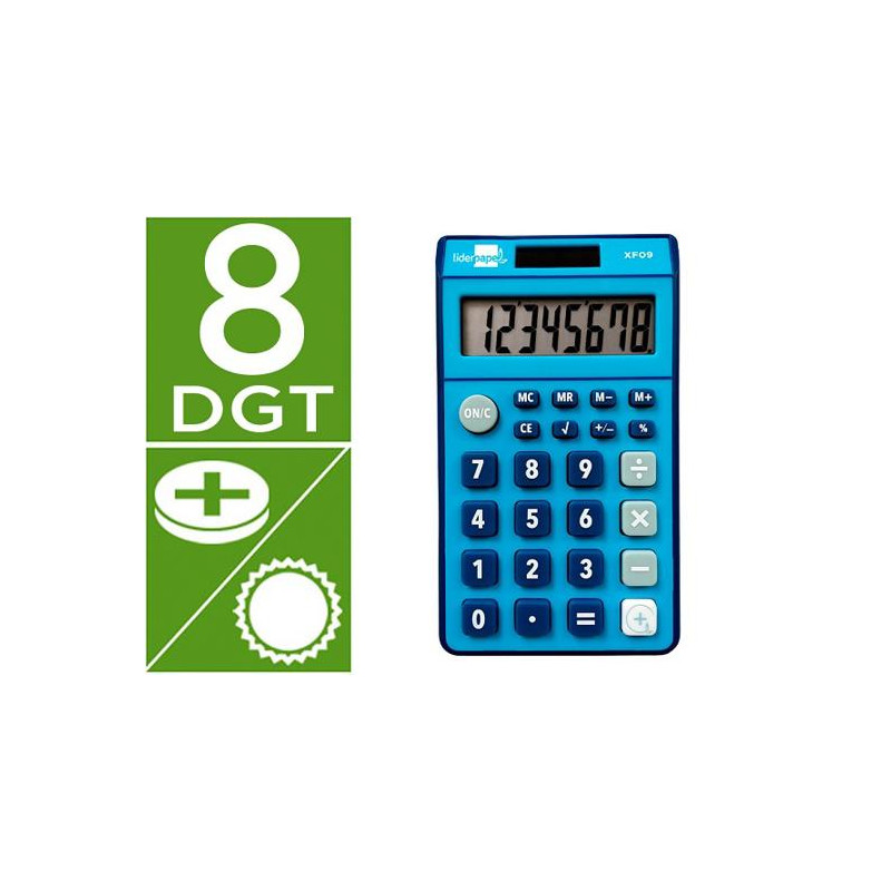 CALCULADORA LIDERPAPEL BOLSILLO XF09 8 DIGITOS SOLAR Y PILAS COLOR AZUL 115X65X8 MM