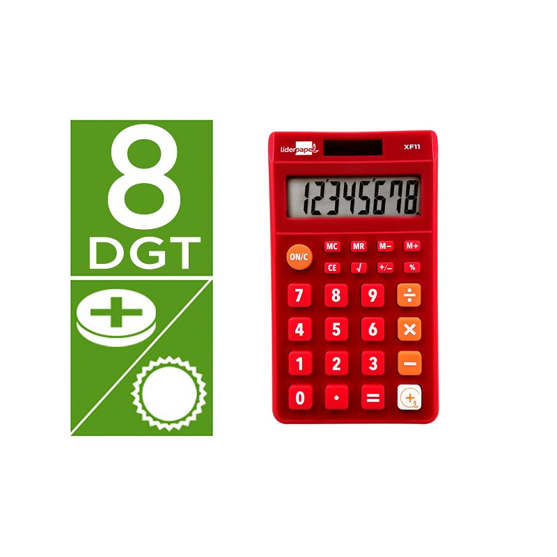 CALCULADORA LIDERPAPEL BOLSILLO XF11 8 DIGITOS SOLAR Y PILAS COLOR ROJO 115X65X8 MM