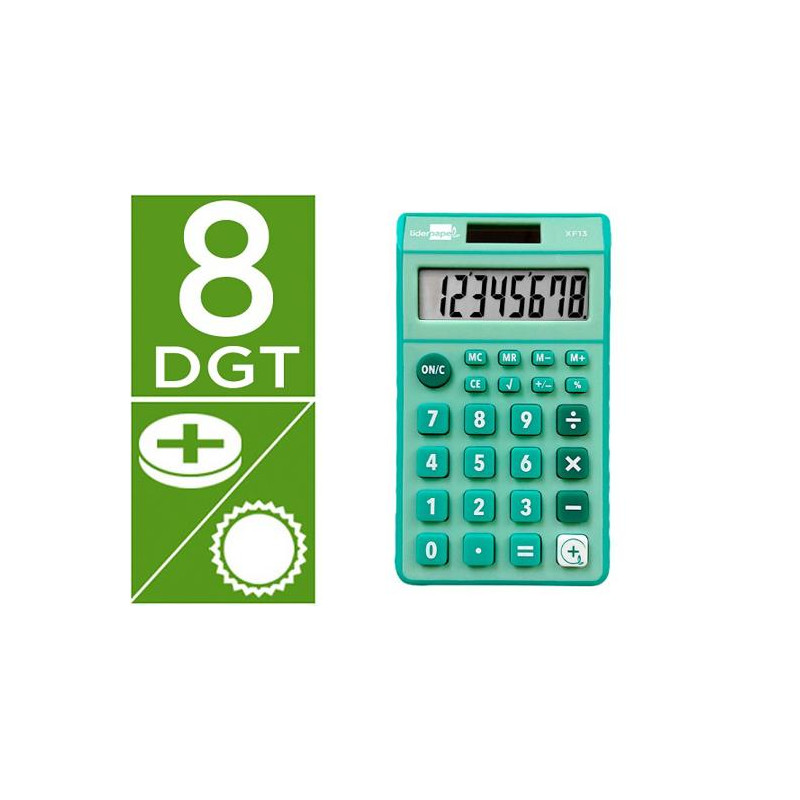 CALCULADORA LIDERPAPEL BOLSILLO XF13 8 DIGITOS SOLAR Y PILAS COLOR VERDE 115X65X8 MM