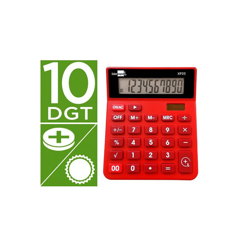 CALCULADORA LIDERPAPEL SOBREMESA XF22 10 DIGITOS SOLAR Y PILAS COLOR ROJO 127X105X24 MM