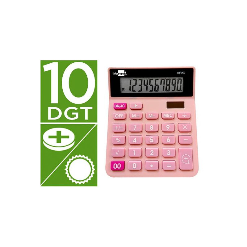 CALCULADORA LIDERPAPEL SOBREMESA XF23 10 DIGITOS SOLAR Y PILAS COLOR ROSA 127X105X24 MM