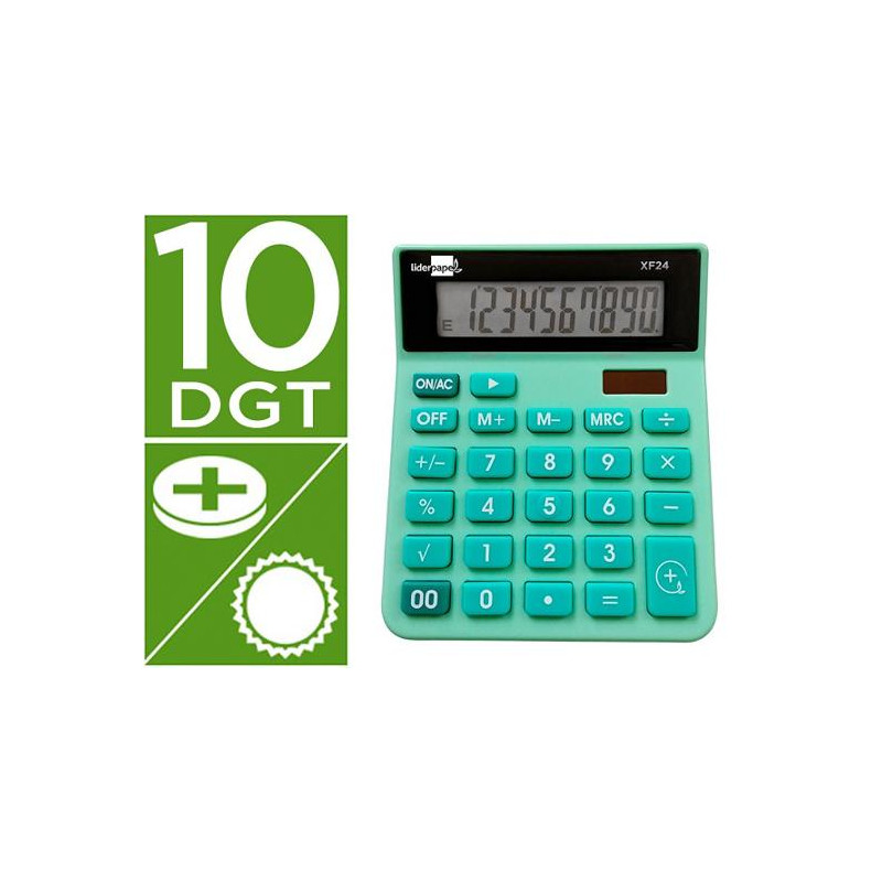 CALCULADORA LIDERPAPEL SOBREMESA XF24 10 DIGITOS SOLAR Y PILAS COLOR VERDE 127X105X24 MM