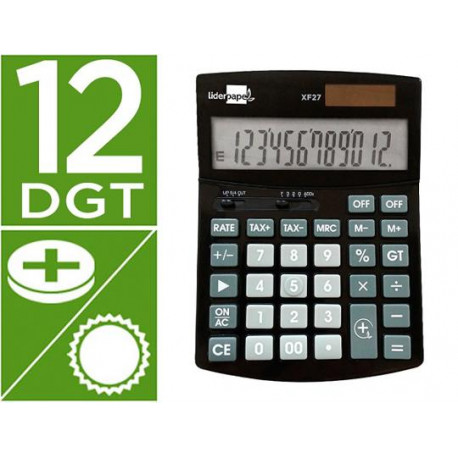 CALCULADORA LIDERPAPEL SOBREMESA XF27 12 DIGITOS TASAS SOLAR Y PILAS COLOR NEGRO 155X115X25 MM