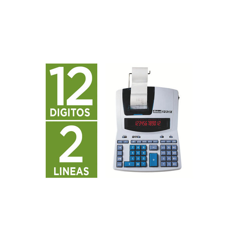 CALCULADORA IBICO 1231X IMPRESORA PANTALLA LCD PAPEL 57 MM 12 DIGITOS 2 COLORES IMPRESION BICOLOR