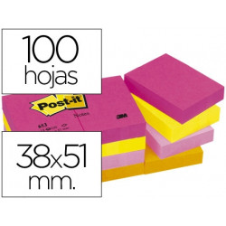 BLOC DE NOTAS ADHESIVAS QUITA Y PON POST-IT 38X51 MM NEON PACK DE 12 BLOCS SURTIDO