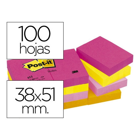 BLOC DE NOTAS ADHESIVAS QUITA Y PON POST-IT 38X51 MM NEON PACK DE 12 BLOCS SURTIDO