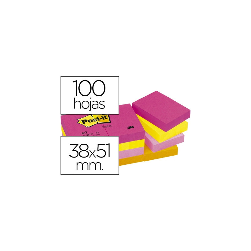 BLOC DE NOTAS ADHESIVAS QUITA Y PON POST-IT 38X51 MM NEON PACK DE 12 BLOCS SURTIDO