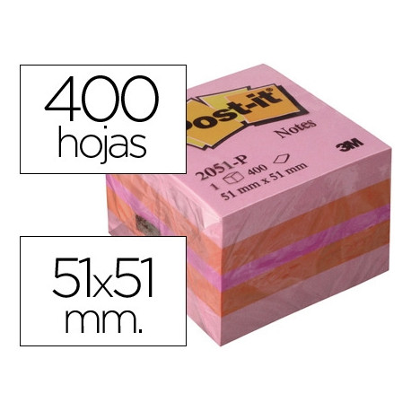 BLOC DE NOTAS ADHESIVAS QUITA Y PON POST-IT 51X51 MM MINICUBO COLOR ROSA 2051-P 400 HOJAS