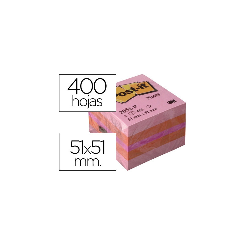 BLOC DE NOTAS ADHESIVAS QUITA Y PON POST-IT 51X51 MM MINICUBO COLOR ROSA 2051-P 400 HOJAS