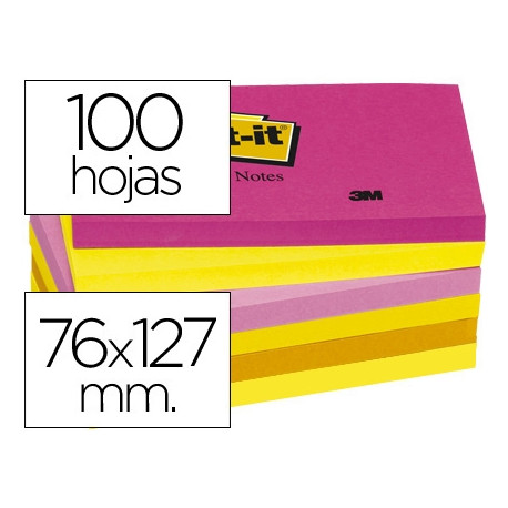 BLOC DE NOTAS ADHESIVAS QUITA Y PON POST-IT 76X127 MM NEON PACK DE 6 BLOCS SURTIDO