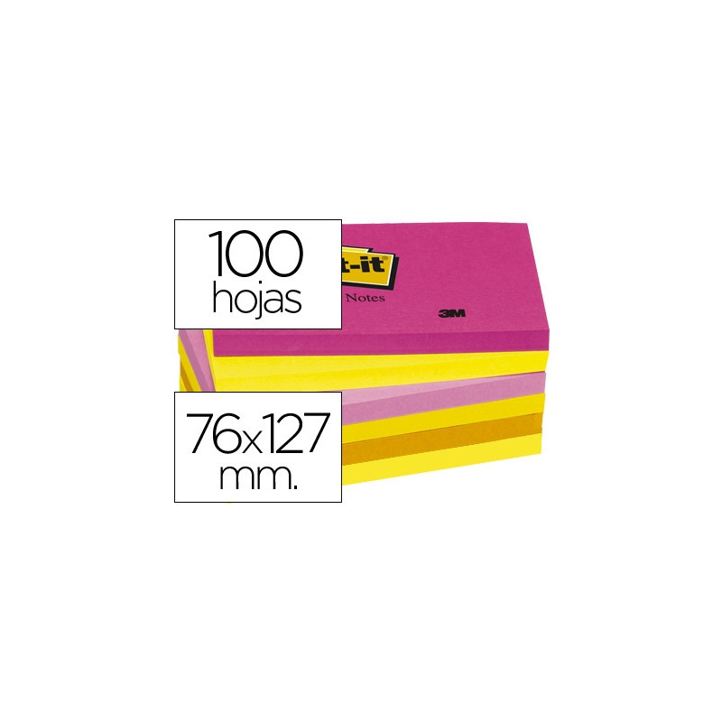 BLOC DE NOTAS ADHESIVAS QUITA Y PON POST-IT 76X127 MM NEON PACK DE 6 BLOCS SURTIDO