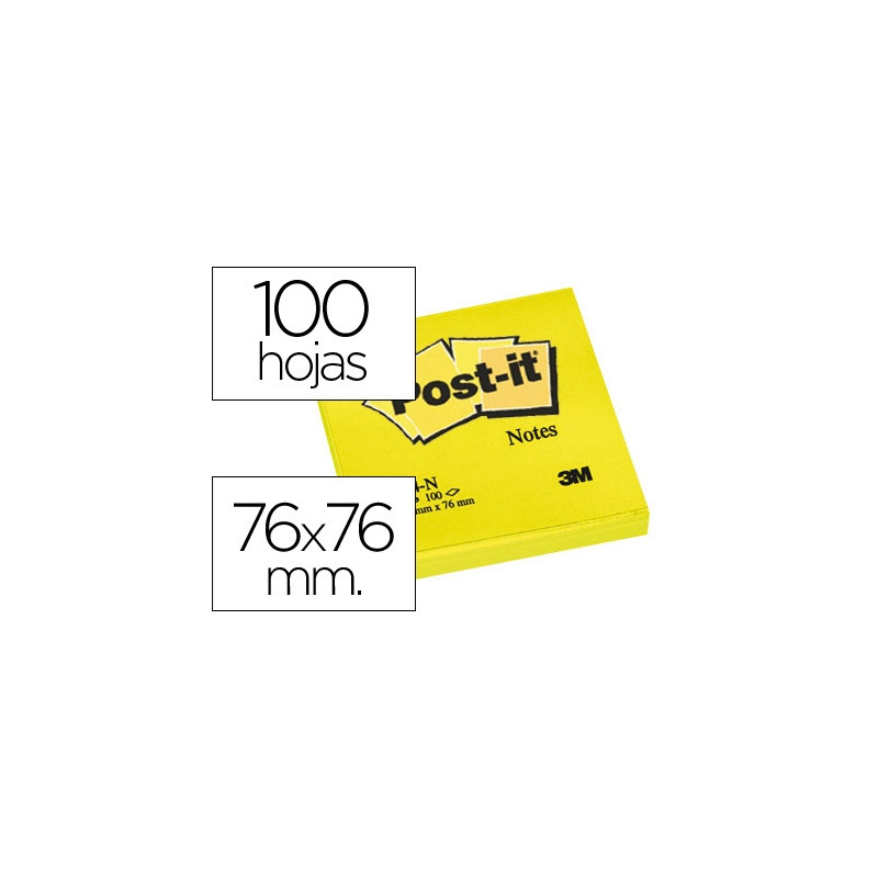 BLOC DE NOTAS ADHESIVAS QUITA Y PON POST-IT 76X76 MM AMARILLO NEON CON 100 HOJAS