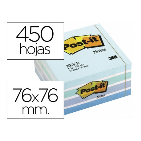 BLOC DE NOTAS ADHESIVAS QUITA Y PON POST-IT 76X76 MM CUBO COLOR AZUL PASTEL 450 HOJAS