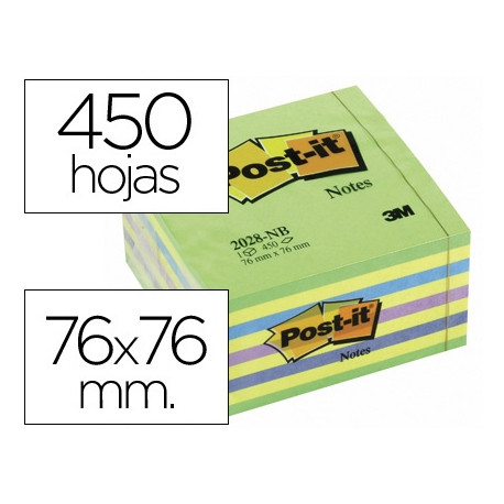 BLOC DE NOTAS ADHESIVAS QUITA Y PON POST-IT 76X76 MM CUBO COLOR AZUL Y VERDE 450 HOJAS