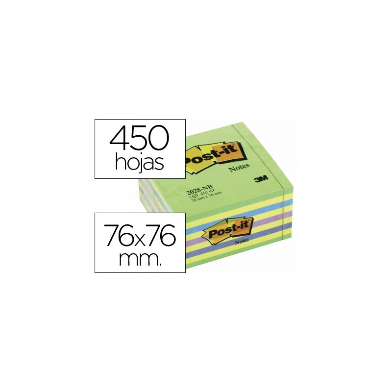 BLOC DE NOTAS ADHESIVAS QUITA Y PON POST-IT 76X76 MM CUBO COLOR AZUL Y VERDE 450 HOJAS