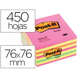 BLOC DE NOTAS ADHESIVAS QUITA Y PON POST-IT 76X76 MM CUBO COLOR ROSA NEON 450 HOJAS