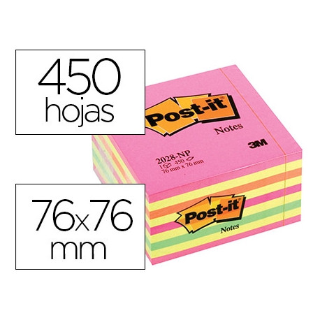 BLOC DE NOTAS ADHESIVAS QUITA Y PON POST-IT 76X76 MM CUBO COLOR ROSA NEON 450 HOJAS