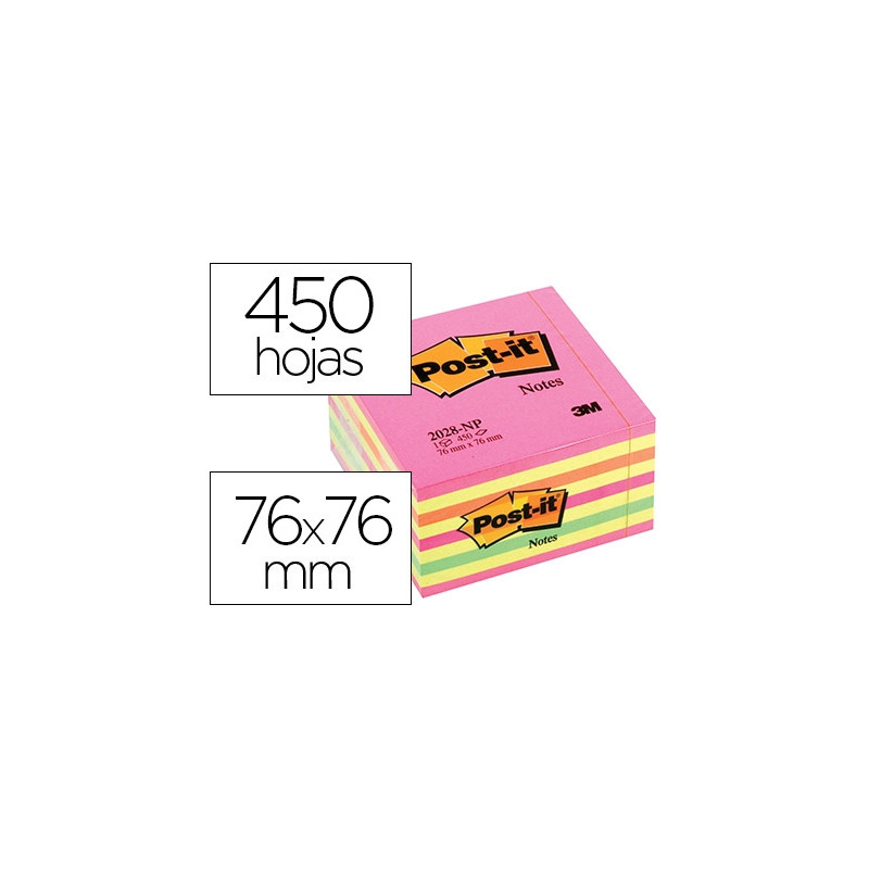 BLOC DE NOTAS ADHESIVAS QUITA Y PON POST-IT 76X76 MM CUBO COLOR ROSA NEON 450 HOJAS