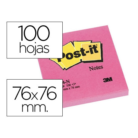 BLOC DE NOTAS ADHESIVAS QUITA Y PON POST-IT 76X76 MM FUCSIA NEON CON 100 HOJAS