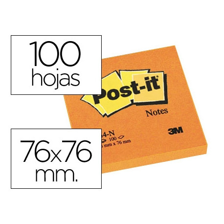 BLOC DE NOTAS ADHESIVAS QUITA Y PON POST-IT 76X76 MM NARANJA NEON CON 100 HOJAS