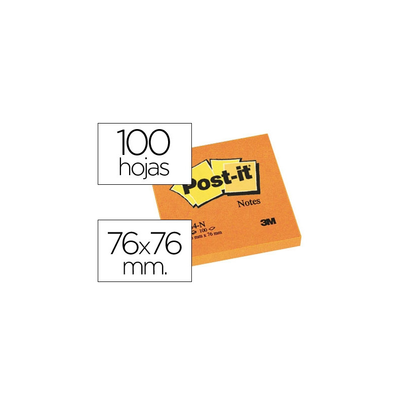 BLOC DE NOTAS ADHESIVAS QUITA Y PON POST-IT 76X76 MM NARANJA NEON CON 100 HOJAS