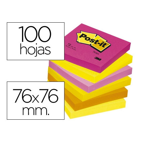 BLOC DE NOTAS ADHESIVAS QUITA Y PON POST-IT 76X76 MM NEON PACK DE 6 BLOCS SURTIDO