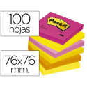 BLOC DE NOTAS ADHESIVAS QUITA Y PON POST-IT 76X76 MM NEON PACK DE 6 BLOCS SURTIDO