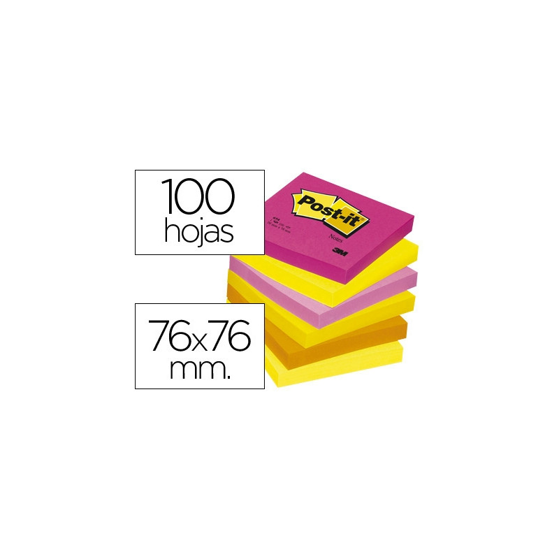 BLOC DE NOTAS ADHESIVAS QUITA Y PON POST-IT 76X76 MM NEON PACK DE 6 BLOCS SURTIDO