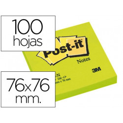 BLOC DE NOTAS ADHESIVAS QUITA Y PON POST-IT 76X76 MM VERDE NEON CON 100 HOJAS