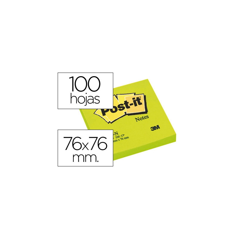 BLOC DE NOTAS ADHESIVAS QUITA Y PON POST-IT 76X76 MM VERDE NEON CON 100 HOJAS