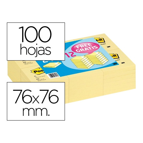 BLOC DE NOTAS ADHESIVAS QUITA Y PON POST-IT 76X76 MM PACK PROMOCIONAL 24+12 UNIDADES