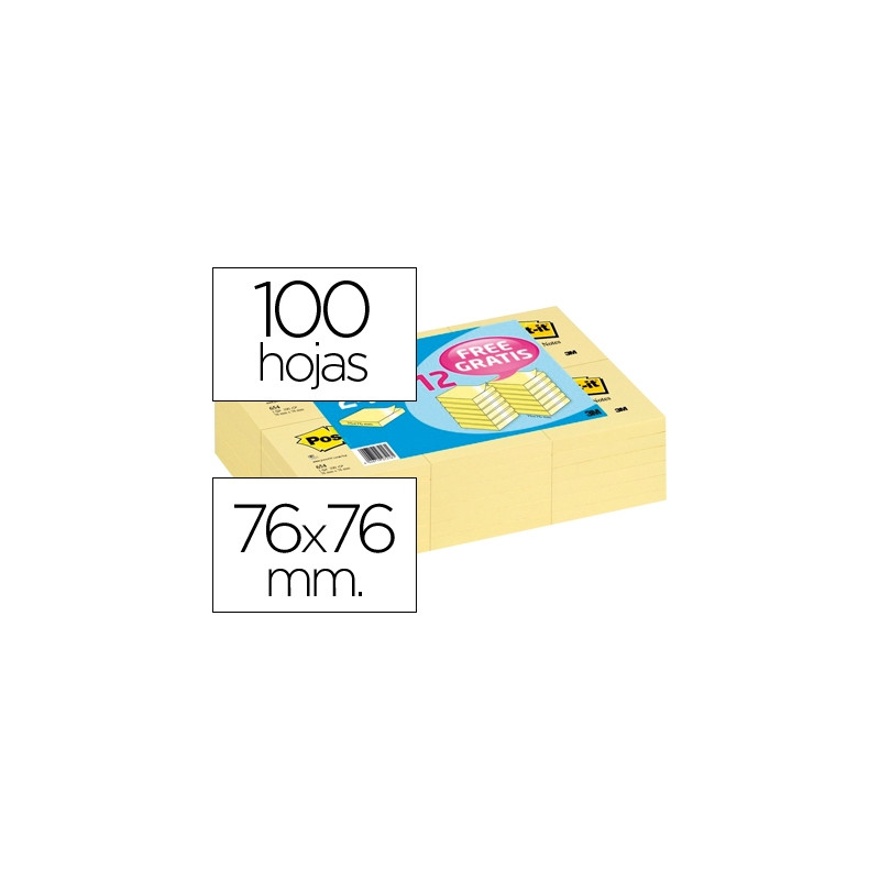 BLOC DE NOTAS ADHESIVAS QUITA Y PON POST-IT 76X76 MM PACK PROMOCIONAL 24+12 UNIDADES