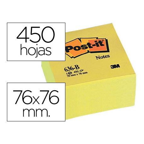 BLOC DE NOTAS ADHESIVAS QUITA Y PON POST-IT 76X76X45 MM CUBO COLOR AMARILLO 450 HOJAS