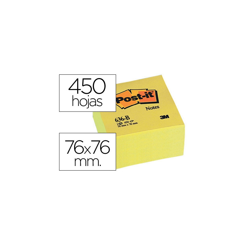 BLOC DE NOTAS ADHESIVAS QUITA Y PON POST-IT 76X76X45 MM CUBO COLOR AMARILLO 450 HOJAS