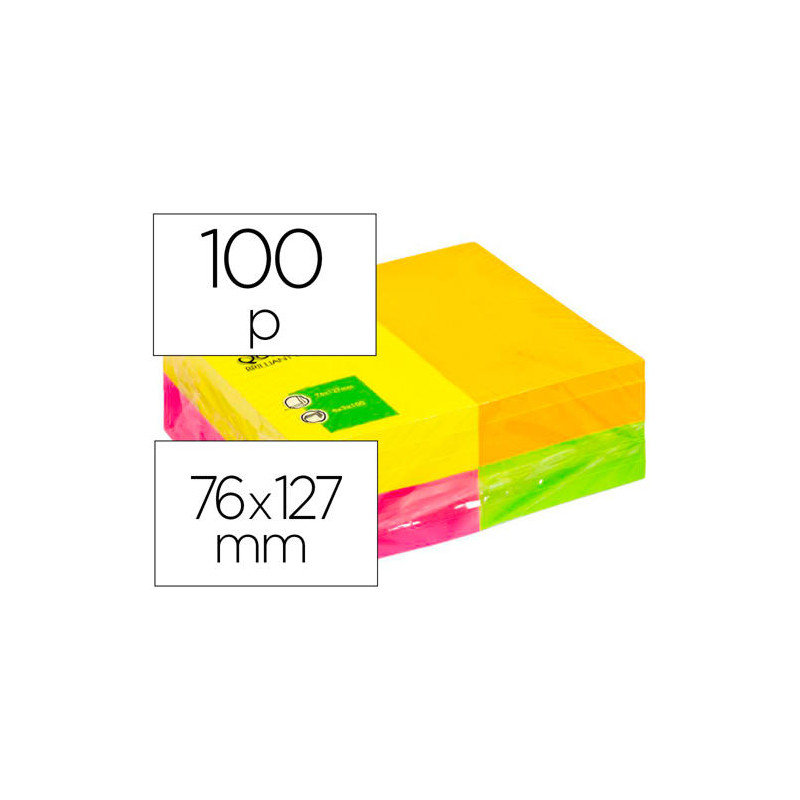 BLOC DE NOTAS ADHESIVAS QUITA Y PON Q-CONNECT 127X76 MM FSC 100 HOJAS FLUORESCENTES PACK DE 12 -SURT