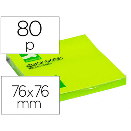 BLOC DE NOTAS ADHESIVAS QUITA Y PON Q-CONNECT 76X76 MM VERDE NEON 80 HOJAS