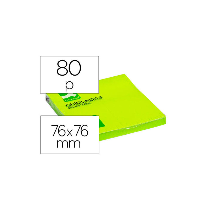 BLOC DE NOTAS ADHESIVAS QUITA Y PON Q-CONNECT 76X76 MM VERDE NEON 80 HOJAS