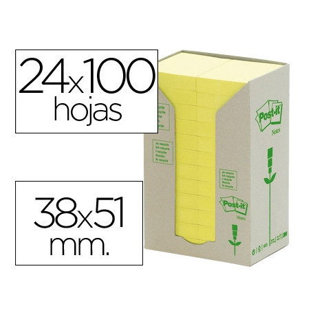 BLOC DE NOTAS ADHESIVAS QUITA Y PON RECICLADA EN TORRE POST-IT 38 X 51 MM 24 BLOCS 653 RECICLADO