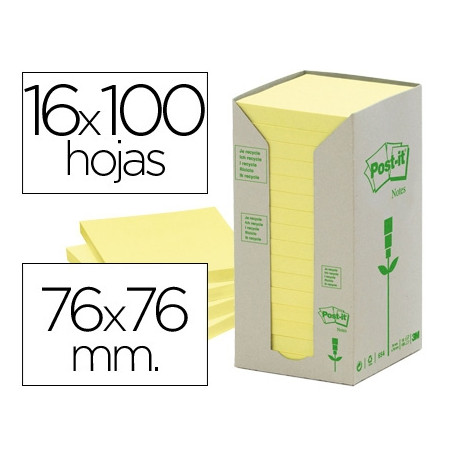 BLOC DE NOTAS ADHESIVAS QUITA Y PON RECICLADA EN TORRE POST-IT 76 X 76 MM 16 BLOCS 654 RECICLADO