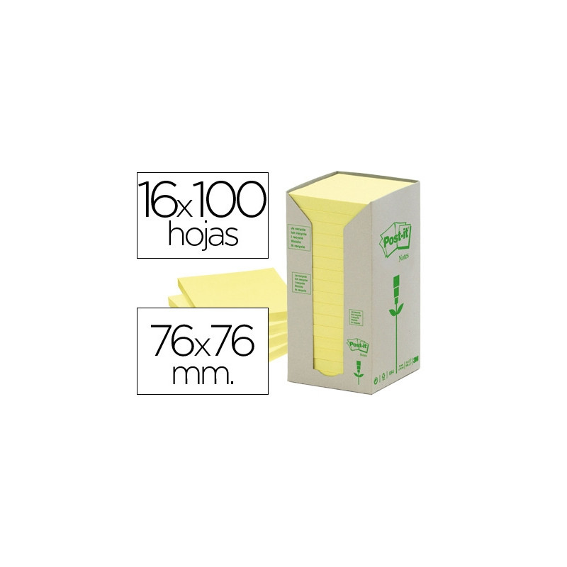 BLOC DE NOTAS ADHESIVAS QUITA Y PON RECICLADA EN TORRE POST-IT 76 X 76 MM 16 BLOCS 654 RECICLADO