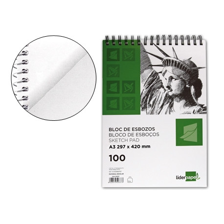 BLOC DIBUJO LIDERPAPEL ESBOZOS ESPIRAL A3 297X420MM 100 HOJAS 90GR/M2 SIN RECUADRO