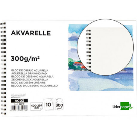 BLOC DIBUJO LIDERPAPEL ACUARELA ESPIRAL 297X420MM 10 HOJAS 300G/M2 SIN RECUADRO