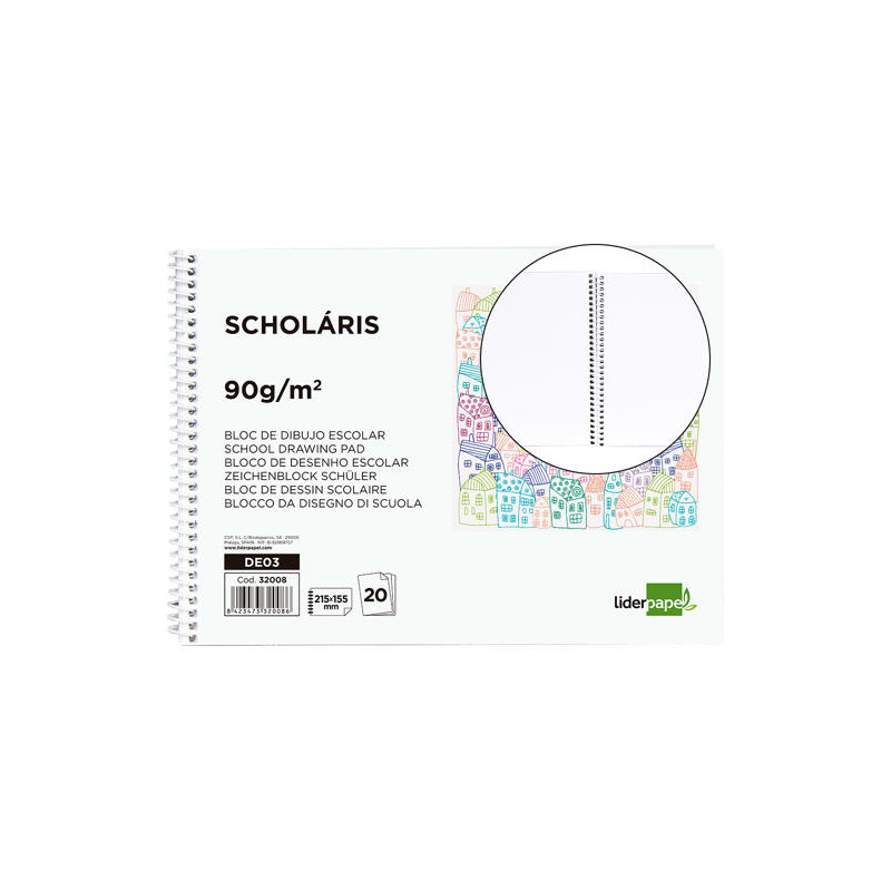 BLOC DIBUJO LIDERPAPEL ESCOLAR ESPIRAL 155X215MM 20 HOJAS 90 GR/M2 SIN RECUADRO