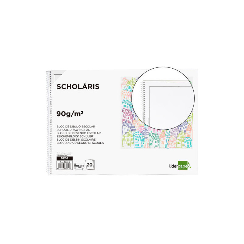 BLOC DIBUJO LIDERPAPEL ESCOLAR ESPIRAL 230X325MM 20 HOJAS 90 GR/M2 SIN RECUADRO