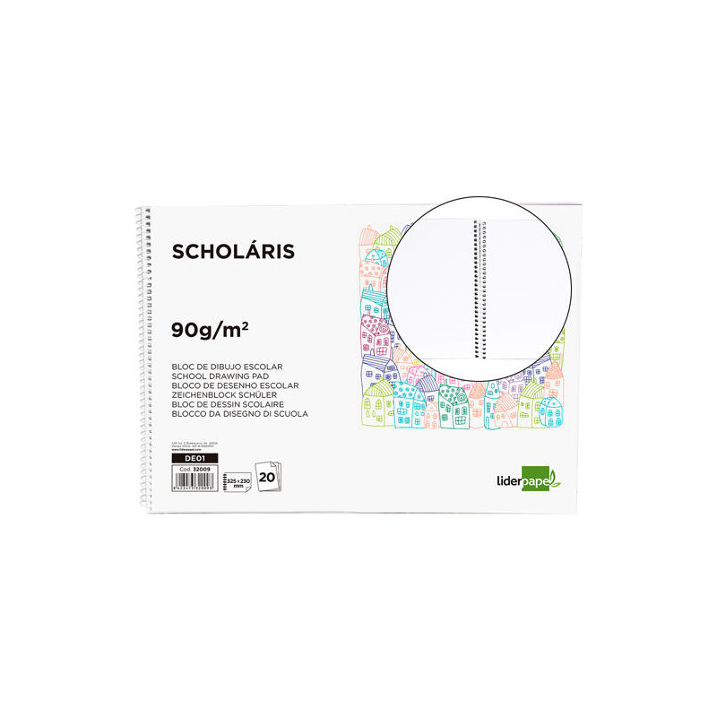 BLOC DIBUJO LIDERPAPEL ESCOLAR ESPIRAL 230X325MM 20 HOJAS 90 GR/M2 SIN RECUADRO