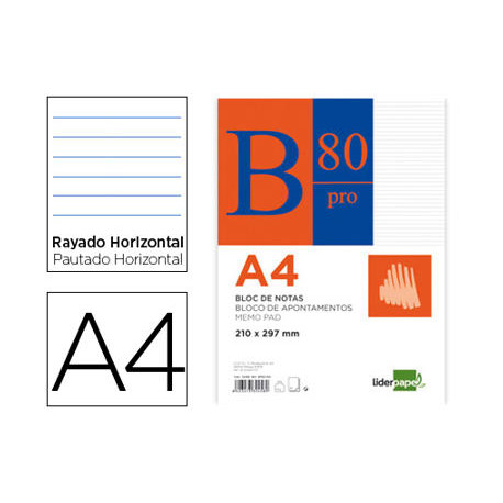 BLOC NOTAS LIDERPAPEL HORIZONTAL A4 80 HOJAS 60G/M2 ENCOLADO 4 TALADROS