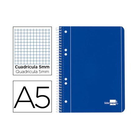 CUADERNO ESPIRAL LIDERPAPEL A5 MICRO SERIE AZUL TAPA BLANDA 80H 75 GR CUADRO5MM 6 TALADROS AZUL