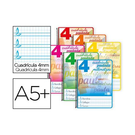 CUADERNO ESPIRAL LIDERPAPEL CUARTO PAUTAGUIA TAPA BLANDA 40H 75 GR CUADRO PAUTADO 4MM COLORES SURTID