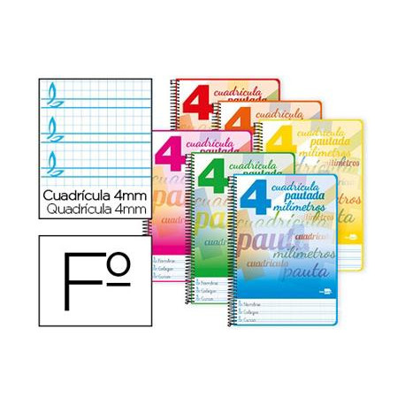 CUADERNO ESPIRAL LIDERPAPEL FOLIO PAUTAGUIA TAPA BLANDA 80H 75 GR CUADRO PAUTADO 4MM COLORES SURTIDO