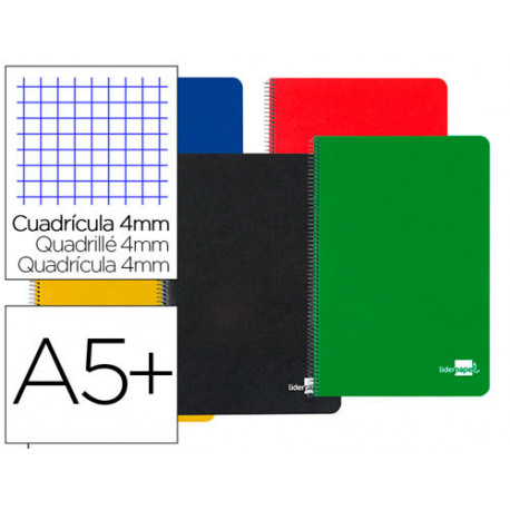 CUADERNO ESPIRAL LIDERPAPEL CUARTO TAPA DURA 80H 60 GR CUADRO 4MM CON MARGEN COLORES SURTIDOS